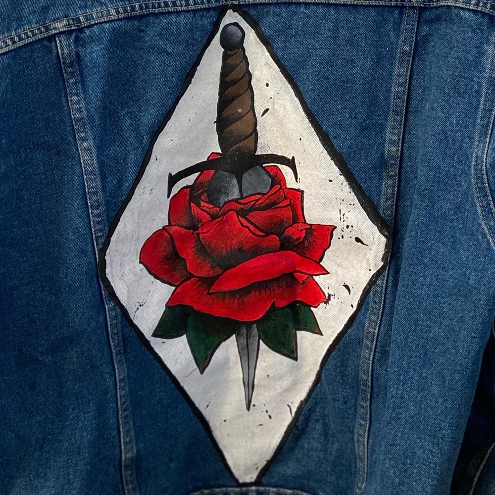 Vintage Wrangler Jean Jacket, with hand painted rose/dagger from Texas